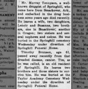 Obituary for Murray Tennyson 1957