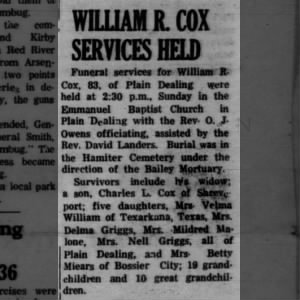 Obituary for William R Cox