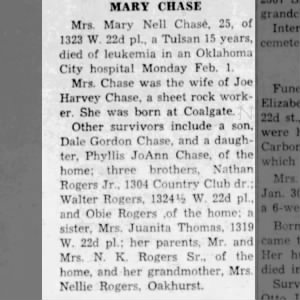 Obituary for Mary Nell CHASE