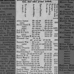 The North Missourian
Gallatin, Missouri · Thursday, June 13, 1867
pg 1  back taxes- Margaret Bailey