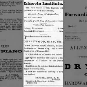 Lincoln Institute, Greenwood MO, Advert by Randall Ross, A.M.