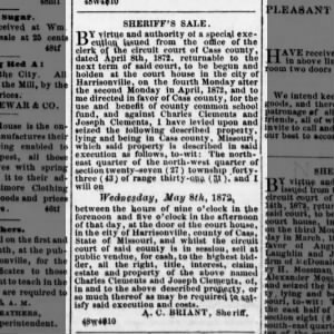 Sheriffs Sale of Joseph's property, Cass County 26 April, 1872