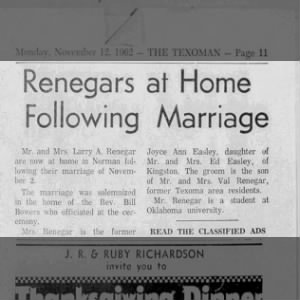 Renegars at Home Following Marriage