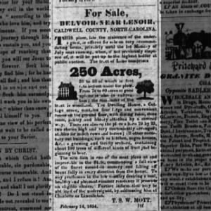 Rev T.S.W. Classified ad to sell Belvoir? 20 Jul 1854 from The North Carolina Whig newspaper