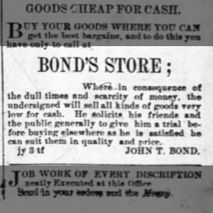 Jan 1875 ad for John Thomas Bond's store in Windsor, NC