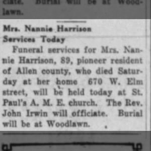 Death Notice for Nannie Harrison 1926