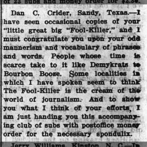 Letter to Fool Killer May 1915