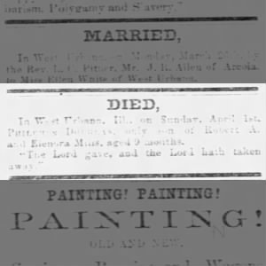 Death Notice for Philemon Douglas Mills DOD 1 April 1860 in West Urbana, IL