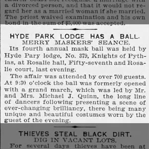 Hyde Park Lodge has Ball Rosalie Hall The Chicago ChronicleThursday, January 23, 1896 
