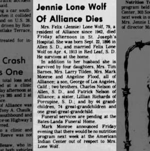 Obituary for Jennie Lone Wolf