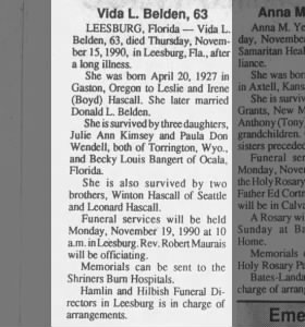 Obituary for Vida L Belden
