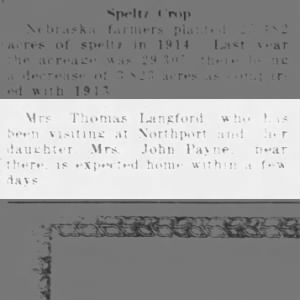 Mrs. Thomas Langford visiting daughter Mrs. John Payne 1914