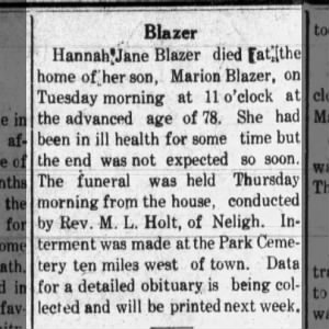 Obituary for Blazer Hannah J Jftne Blazer