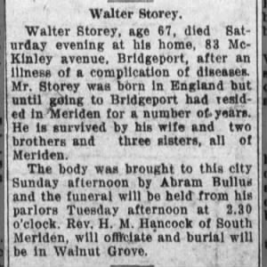1917 Dec 30 - Walter Storey 67, Obit (Meriden, Connecticut)