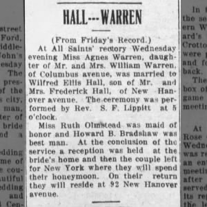 1914 Oct 28 Agnus Warren & Winfred Hall Married (Meriden, Connecticut)