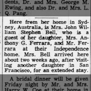Australian visitor to the Ferrara residence in Independence, MO.  Mrs. John WIlliam Stephen Bell