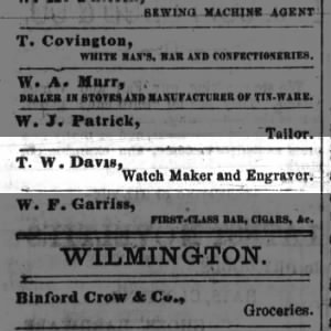 T.W. Davis watch maker and engraver in Wadesboro, NC Dec 1875
