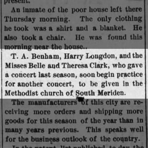 1882 Sept 1 Miss Bell and Theresa Clark of South Meriden gave Concert (Meriden, Connecticut)