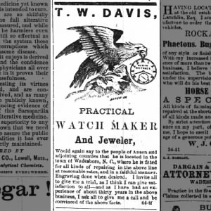 T.W. Davis Watch maker and Jeweler, Jun 1878
