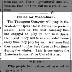 Wadesboro opera house 12-04-1878