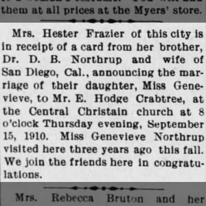 Marriage of Miss Genevieve Northrup and Mr. E. Hodge Crabtree