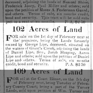 George Lipe land being sold, adjoins Lipe family and also Jacob Shuping.