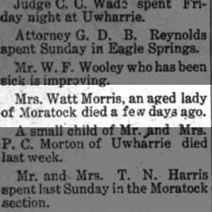Mrs. Watt Morris dies.