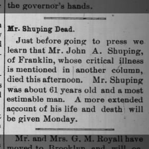John A Shuping dies 2 Feb 1901