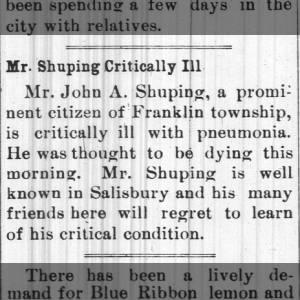 John A Shuping ill, another article in the paper announces his death.
