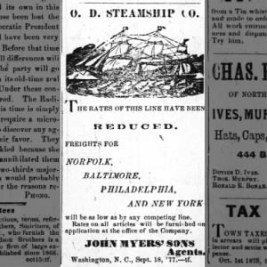 MYERS, Thomas Harvey Blount b1827 as John Myers' Sons - Agent of O.D. Steamship Co
