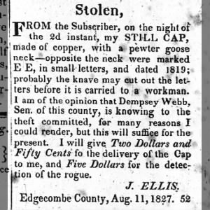 Stolen Still Cap -- Dempsey Webb, Sr. Suspected
August 18, 1827
