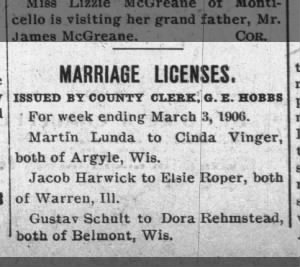 Marriage License for Gustav Schult to Dora Rehmstead (sic), both of Belmont, Wis.