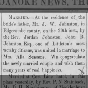 Marriage of John R Johnston and Alla. 