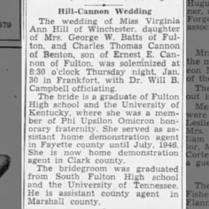 1947 02Feb 11 Charles Thomas Cannon and Virginia Ann Hill wed