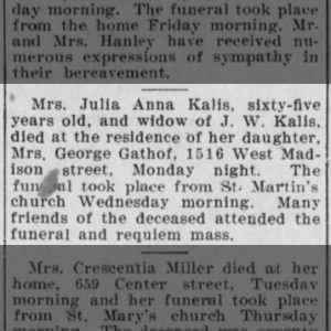 Death notice of Julia Kalis
