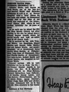 1950 Obituary for Johnnie "Jack" Watts of Greenwood, South Carolina.