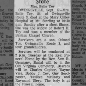 Obituary for Belie Toy OWINGSVILLE Sept 17- Mrs Toy