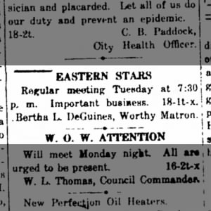 1920 Oct 18 bertha deguines eastern star