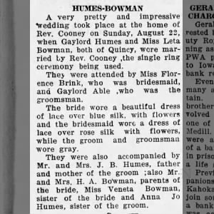 Leta Bowman Gaylord Humes wedding 22 Aug 1937