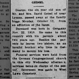 George Geisel death 12 Oct 1925