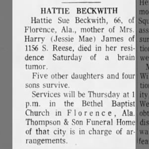 Obituary for Hattie Sue BECKWITH