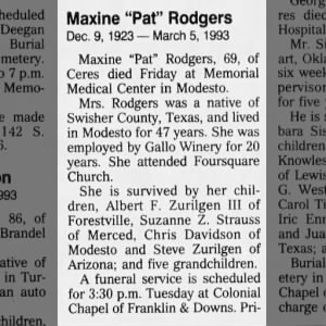 Obituary for Maxine Rodgers