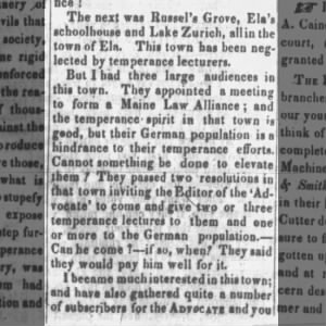 Letter to the editor off Freeman's Advocate on the subject of temperance - note about Lake Zurich