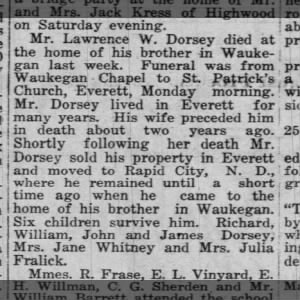 Lawrence W. Dorsey obit The Lake County Register Wed Feb 16, 1927