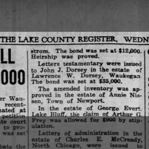 Lawrence Dorsey testamentary from The Lake County Register Mar 30, 1927