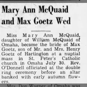 Mary Ann Mcquaid married Max Goetz 1955