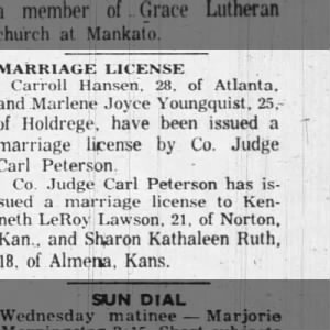 Marriage License Issued - Kenneth LeRoy Lawson