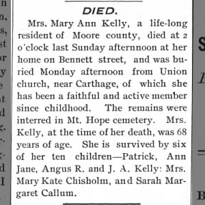 Obituary for Mary Ann Ferguson Kelly, Malcolm's wife - 24 May 1901