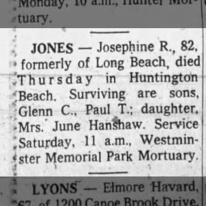 Josephine Ricker Jones death notice