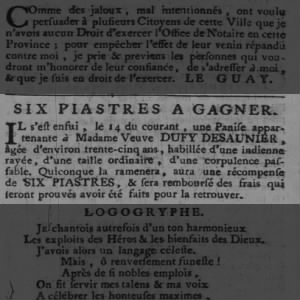 Dufy Desaunier panise (1ere annonce gazette mtl) - Montreal gazette - 24 juin 1778 p4c2